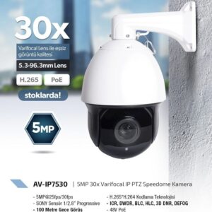 5 MP F=5.3mm -96.3mm Varical Lens 30X IP PTZ Speedome Kamera AV-IP7530