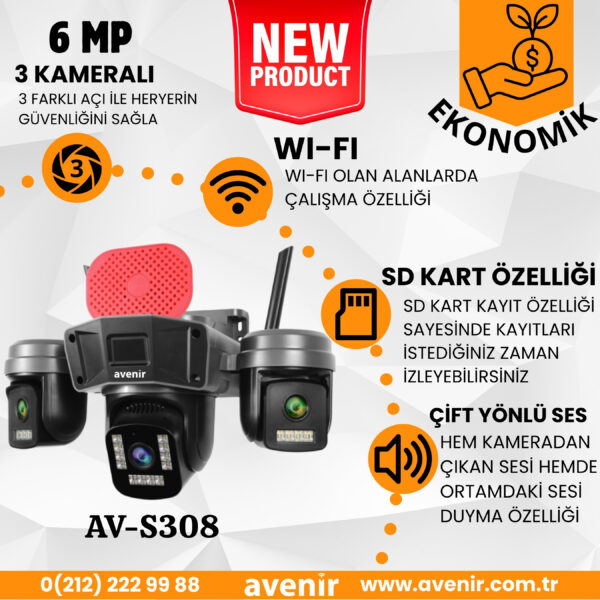 S308 AV-S308 6MP 3 Kameralı Ptz Wifi Akıllı Kamera - Avenir