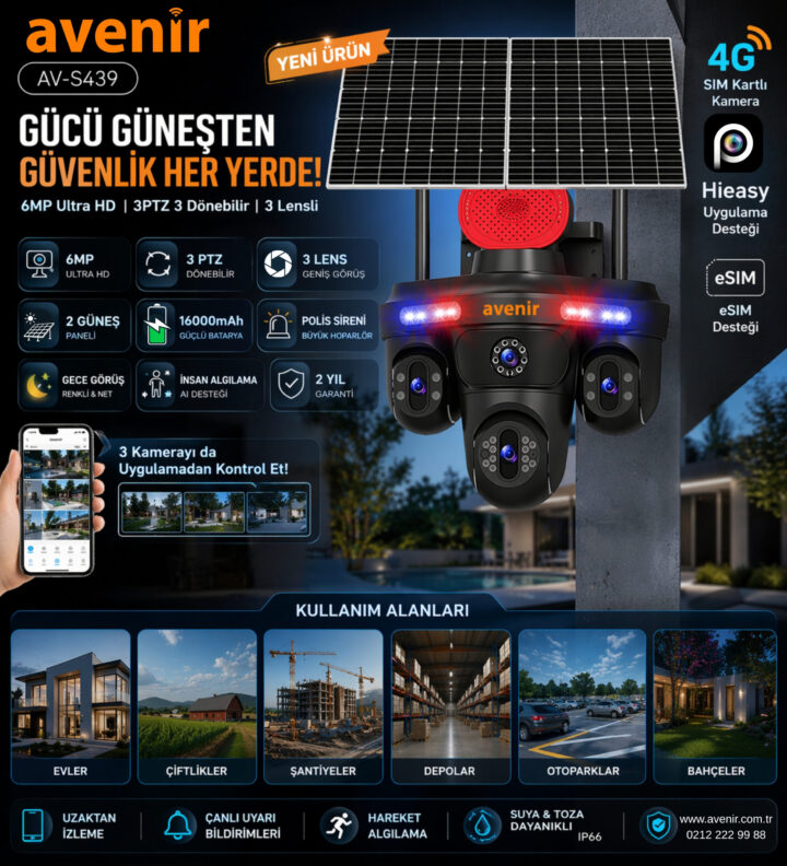AVENİR AV-S439 4G Solar 3 Kameralı 3PTZ Kamera